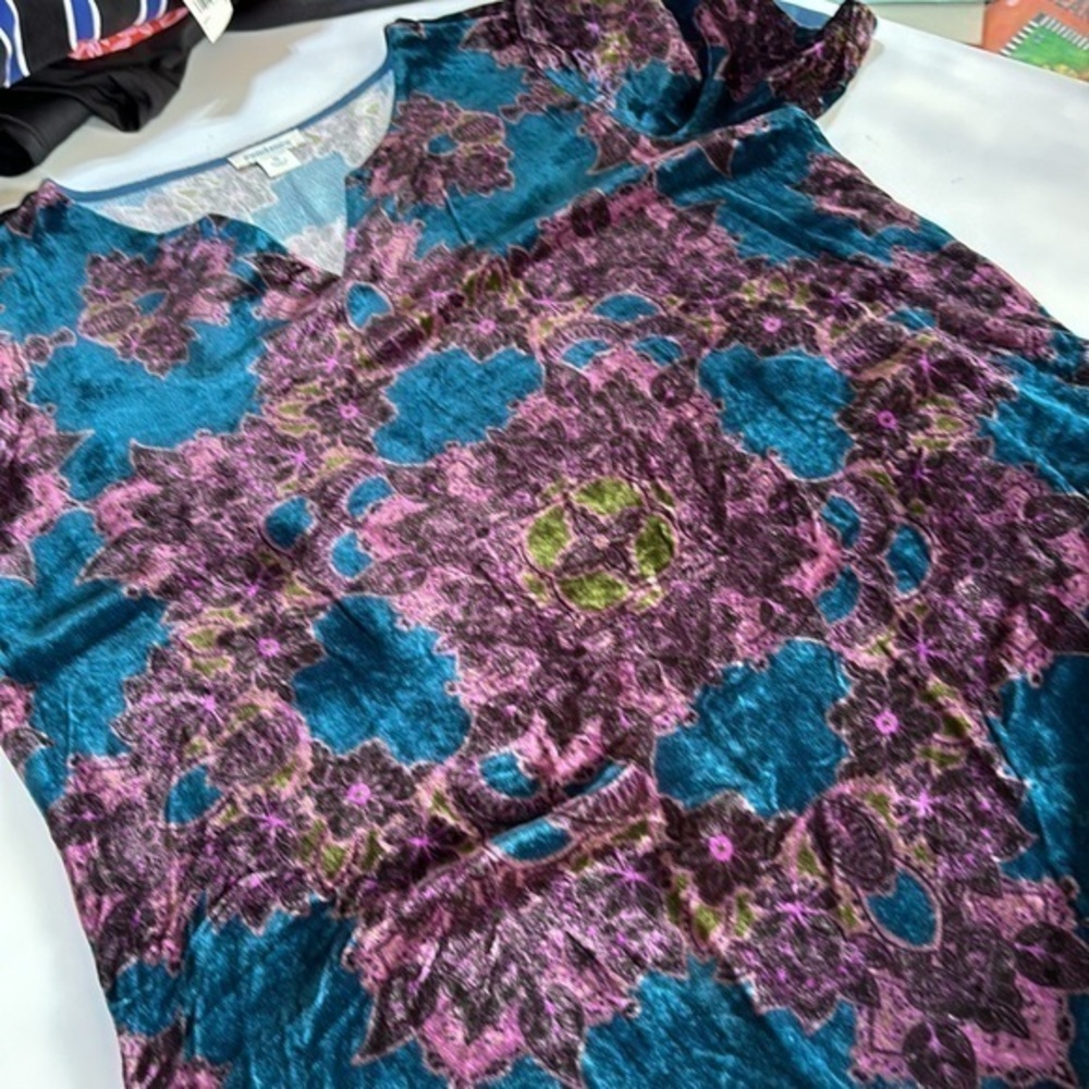Sundance Nomi Printed Velvet Shift Dress V-Neck Short Sleeve Silk Sz Medium